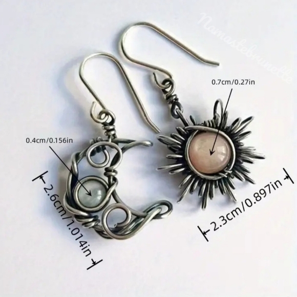Sun & Moon Silver Wire Wrapped Stone Dangle Drop Earrings - Picture 9 of 15